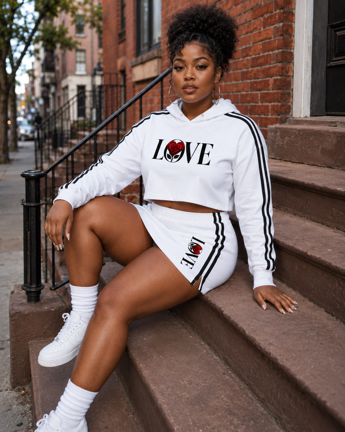 Love Contrast Side Stripe (Cropped Hoodie & Slit Skirt)  Set