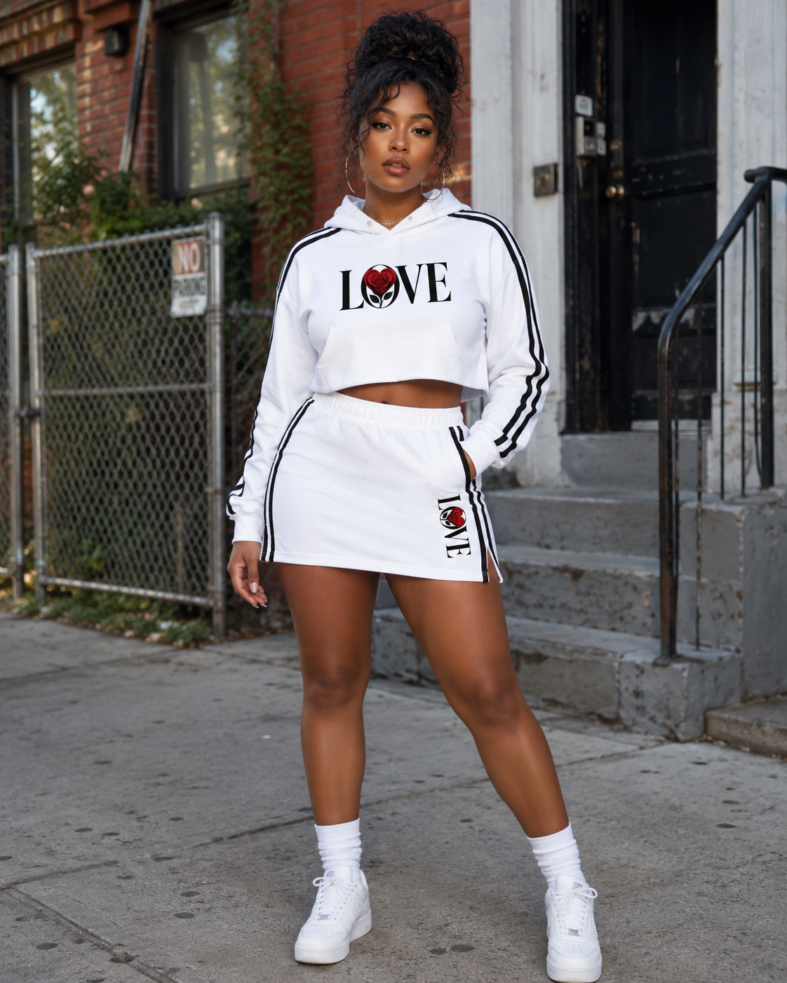 Love Contrast Side Stripe (Cropped Hoodie & Slit Skirt)  Set