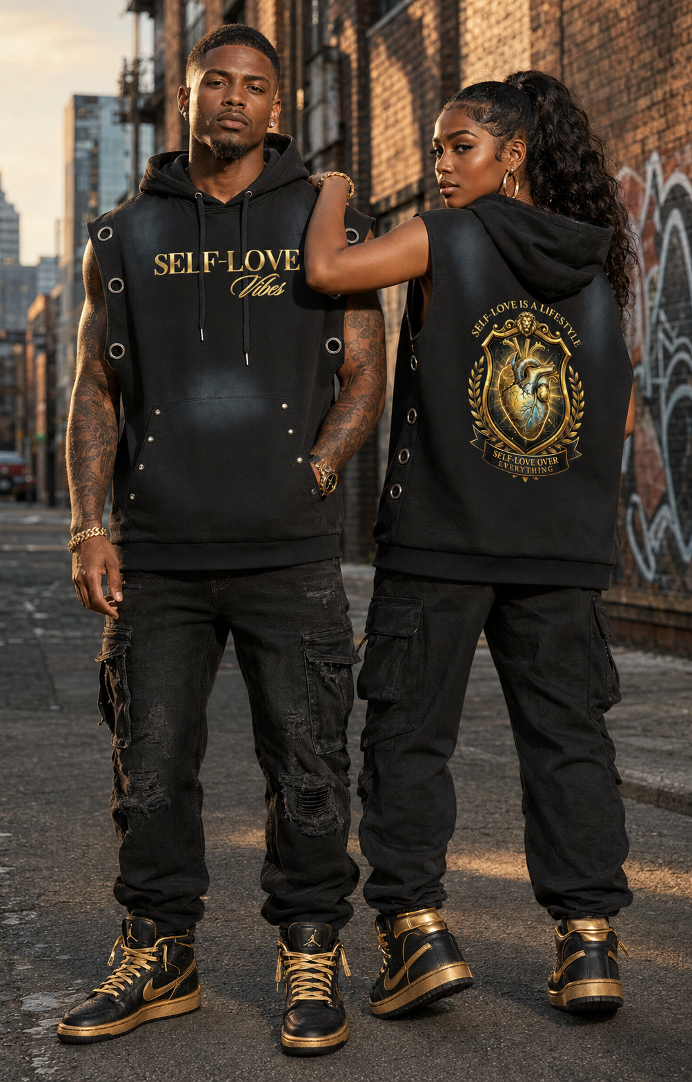 Self Love ( Gold Letters) Unisex Vintage Wash Sun Fade Sleeveless Hoodie