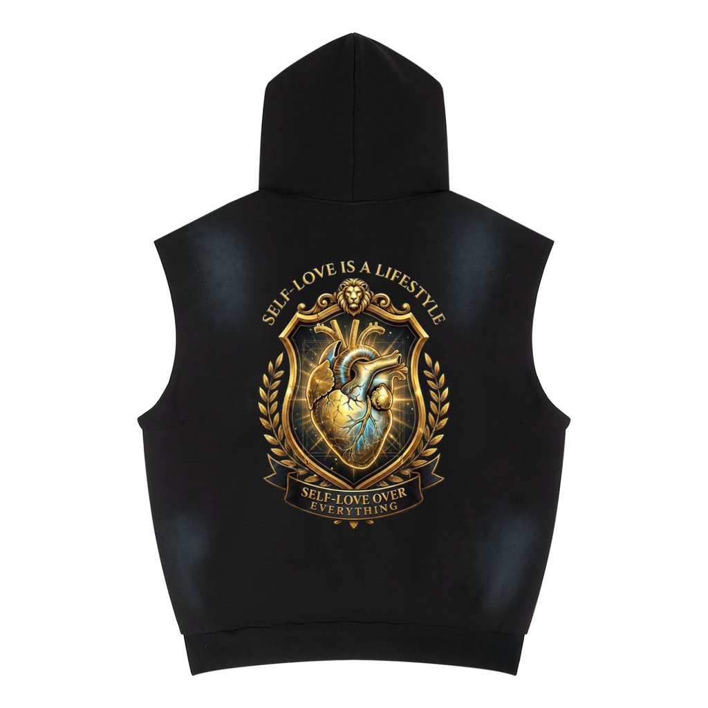 Self Love ( Gold Letters) Unisex Vintage Wash Sun Fade Sleeveless Hoodie