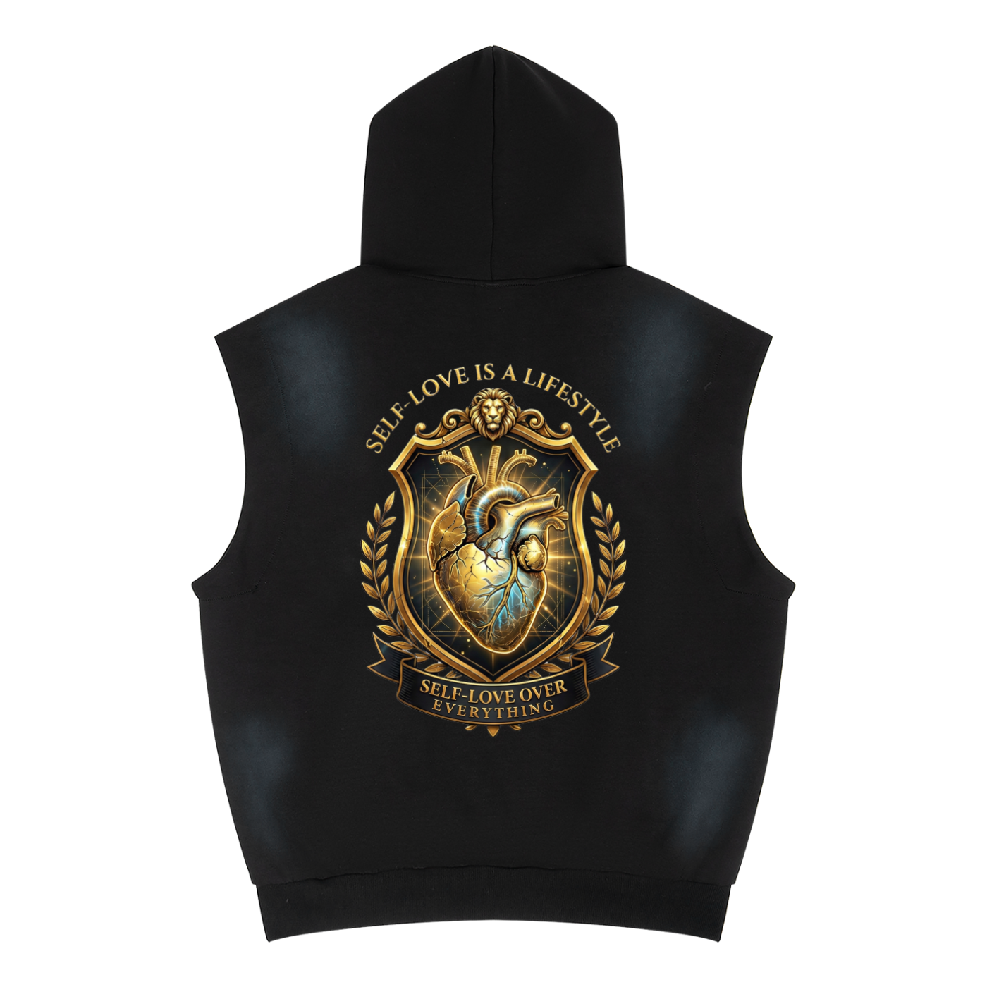 Self Love ( Gold Letters) Unisex Vintage Wash Sun Fade Sleeveless Hoodie