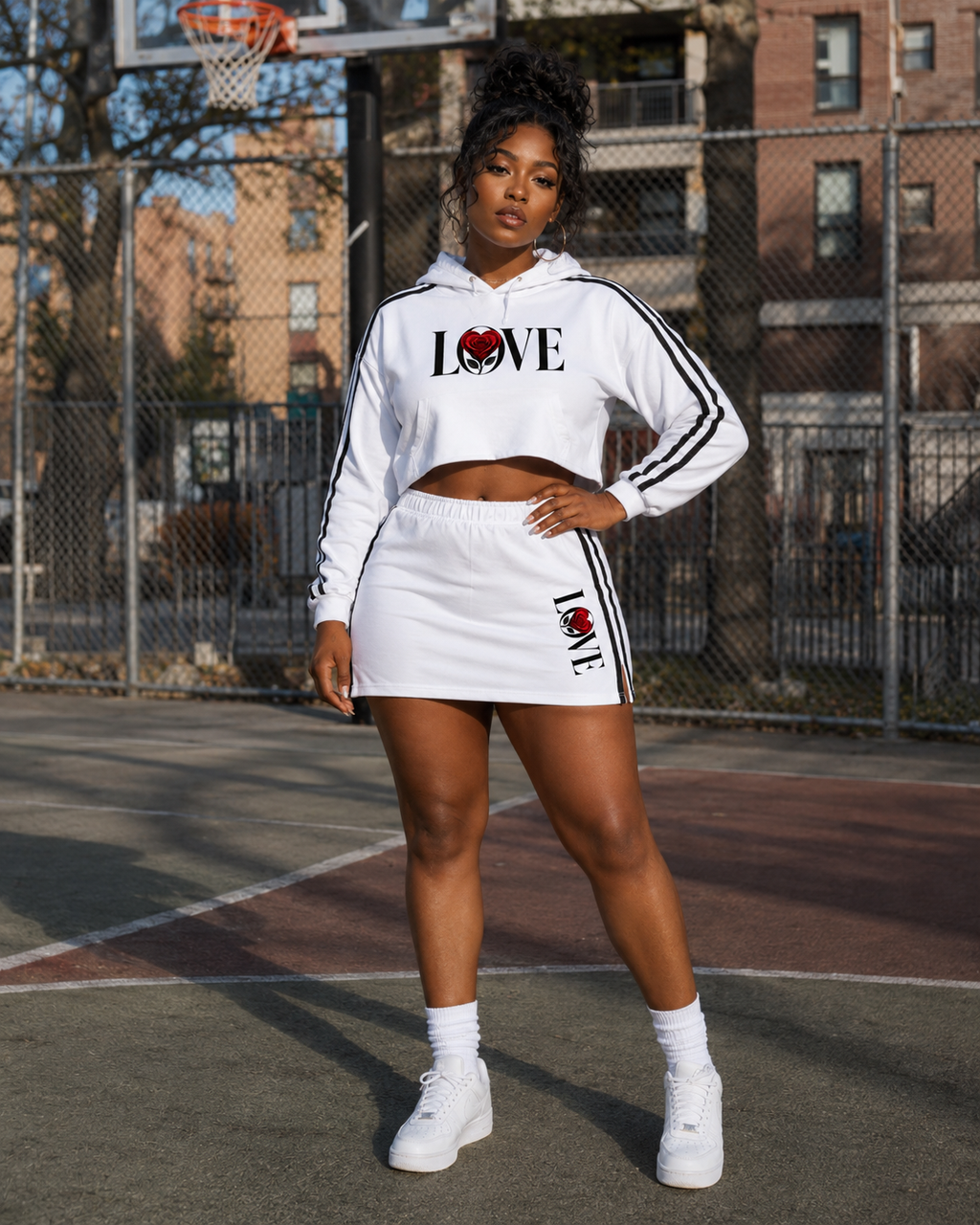 Love Contrast Side Stripe (Cropped Hoodie & Slit Skirt)  Set