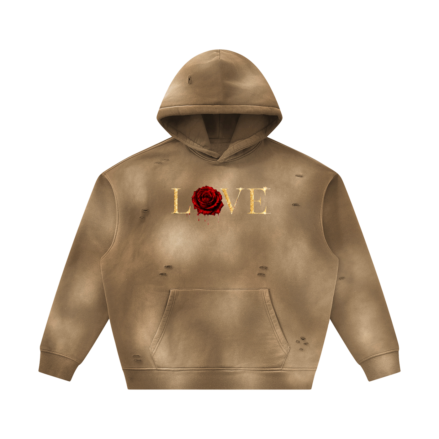 Love ( Gold Letters) Unisex Sunfade Frayed Fleece Hoodie